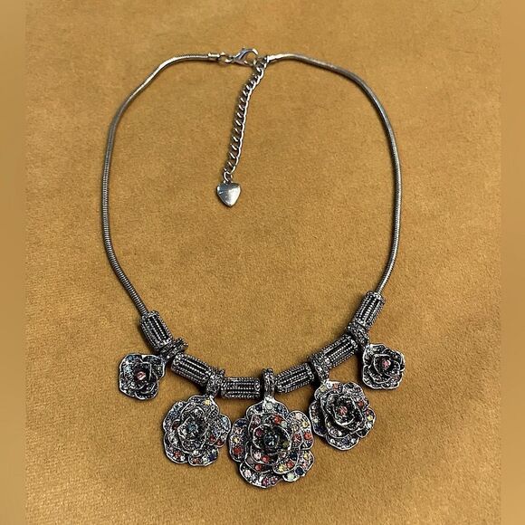 BETSEY JOHNSON Silver-Tone Necklace w/Colorful Rhinestone Flowers - Picture 1 of 5